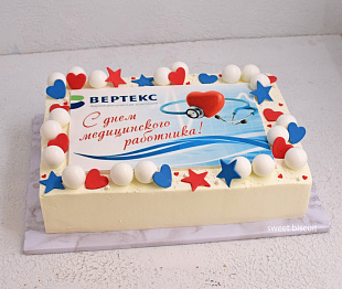 Торт с шоколадными сферами, звездами и лого